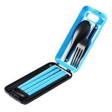 Portable Travel Training Chopsticks, Fork, Spoon 3-in-1 Set With Case Blue