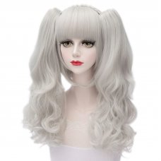 H764471Japanese Anime Cosplay COS Wig Curly Clip on Ponytails Silver White