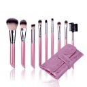 10PCS Cosmetic Brush Set With Lightning Pink Leather Pouch