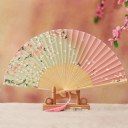 Fashion Pink & Green Cherry Blossom Pattern Silk Bamboo Handheld Folding Fans