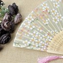 Fashion Pink & Green Cherry Blossom Pattern Silk Bamboo Handheld Folding Fans