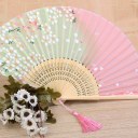 Fashion Pink & Green Cherry Blossom Pattern Silk Bamboo Handheld Folding Fans