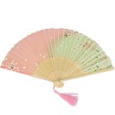 Fashion Pink & Green Cherry Blossom Pattern Silk Bamboo Handheld Folding Fans