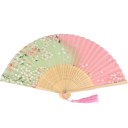 Fashion Pink & Green Cherry Blossom Pattern Silk Bamboo Handheld Folding Fans