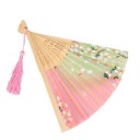 Fashion Pink & Green Cherry Blossom Pattern Silk Bamboo Handheld Folding Fans