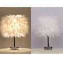 Feather Shade Table Lamp Metal Vintage Elegant Bedside Desk Night Light Decor