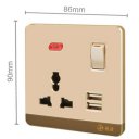 13A Wall-Mount Socket Panel Single Outlet with Two USB Ports and Indicator Light Golden